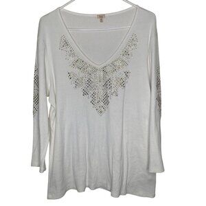 White V-Neck Long Sleeve Top With Gold & Silver Studded Design 2X Reba Woman Cot